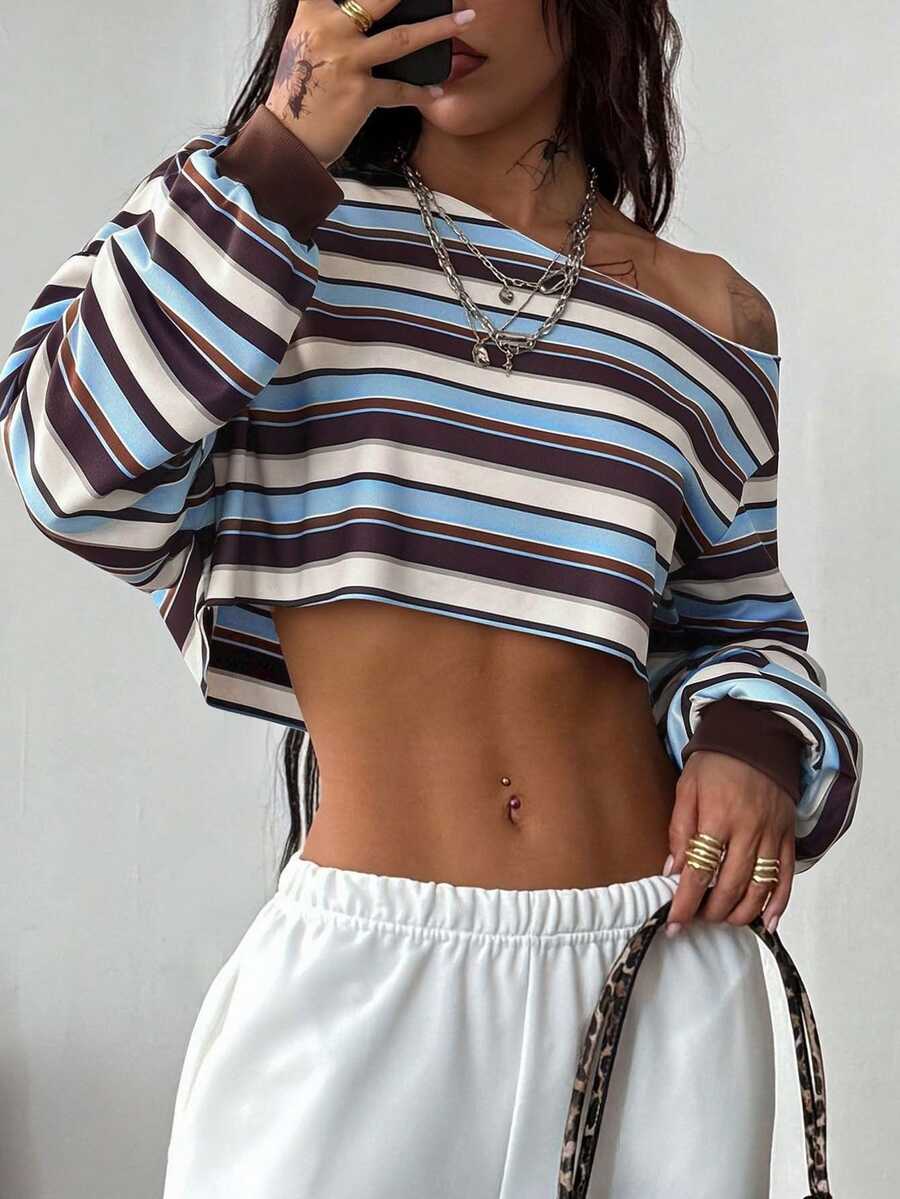 Coolane 女款條紋不對稱肩休閒日常長袖運動衫 - 彩色 - 查看 1