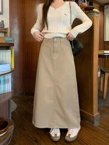 DAZY Women's Washed Slim Straight Denim Skirt - Khaki - View 4