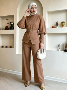 Celisse Women's Autumn/Winter Elegant Commute Metal Buckle Decor Shirt And Long Pants 2 Pieces Set - Camel - View 6