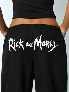Rick and Morty X SHEIN Women's Cartoon Pattern Casual Versatile Daily Wear Long Pants - Black - View 3