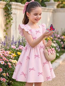 Tween Girl Bow Decor Striped Casual Daily Summer Dress - Multicolor - View 2