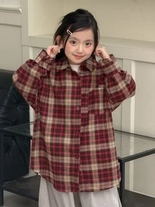 DAZY Tween Girl) Plaid Casual Long Sleeve Loose Fit Autumn/Winter Shirt - Red - View 7