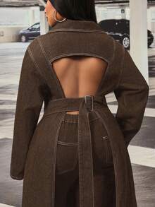 Slaydiva Plus Size Women's Non-Stretch Denim Long Jacket With Hollow Back Design, Cowboy Outfits For Women - Coffee Brown - View 2