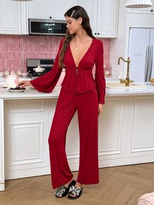 SweetSlumber Sweet Cute Sexy V-Neck Long Sleeve Pants Pajama Set For Women - Burgundy - View 3
