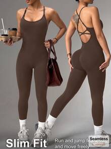 SHEIN Dewbera Athletic Tight Sleeveless Jumpsuit - Brown - View 1