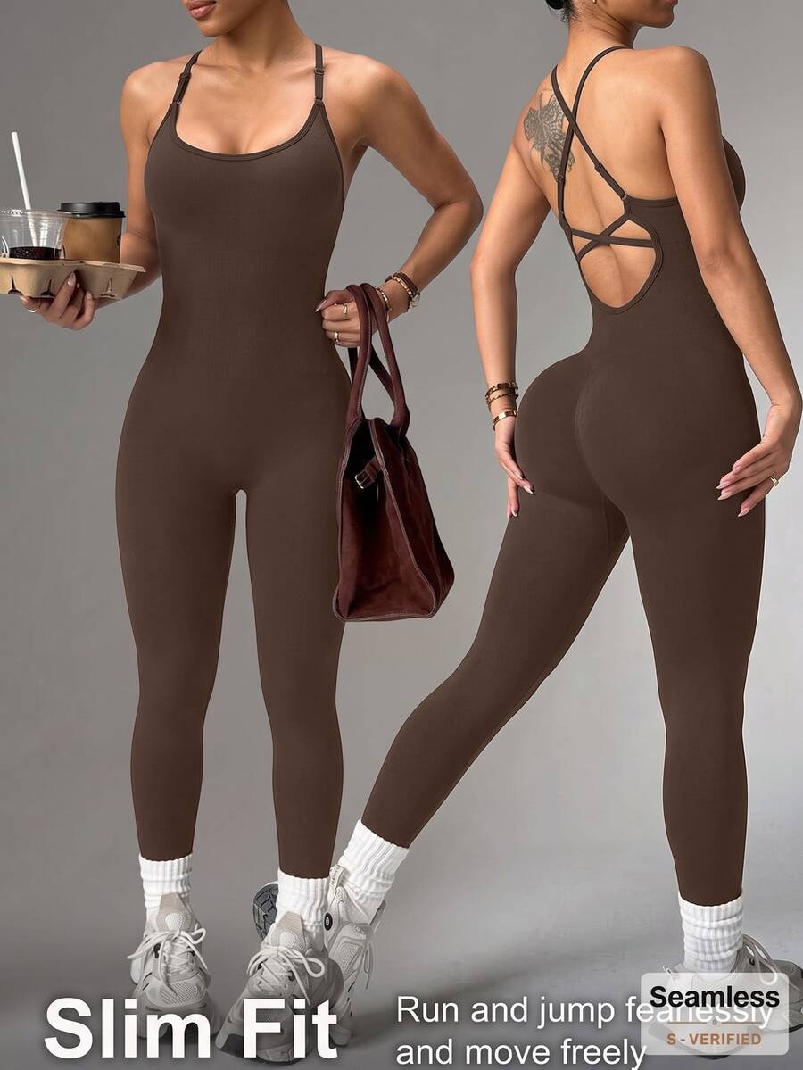 SHEIN Dewbera Athletic Tight Sleeveless Jumpsuit - Brown - View 1