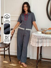 DAZY Women's Colorblock Short Sleeve Top And Long Pants Casual Daily Home Sleepwear Set - Blue - View 4