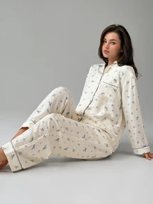 DAZY Women's All-Over Print Long Sleeve Top And Pants Casual Daily Home Sleepwear Set - Beige - View 5