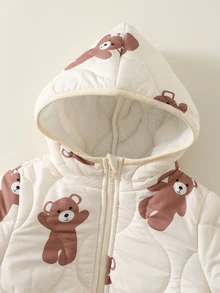 SHEIN 男女嬰兒/幼兒秋冬保暖加厚可愛熊圖案連帽填充外套，嬰兒冬季外套，抓絨加厚填充外套 - 杏色 - 查看 5