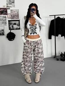StreetHx Women's Camouflage Print Drawstring Waist Pocket Sweatpants - Apricot - View 4