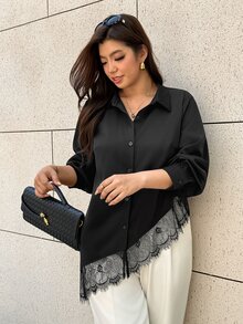Easura Plus Size Women's Lace Patchwork Casual Daily Wear Blouse - Black - View 6
