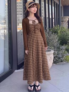 Bijouette Plus Size Women's Plaid Pleated Dress And Solid Color Cardigan Casual 2 Pieces Set Fall - Coffee Brown - View 12