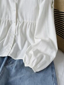 SHEIN 少女純色長袖單排扣休閒襯衫 - 白色 - 查看 5