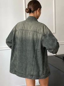 Livesso 女款西式破舊水洗褪色寬鬆長袖開領牛仔夾克外套 - 藍色 - 查看 2