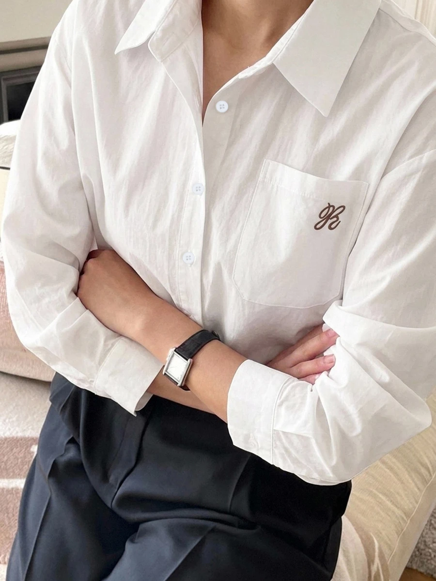 DAZY 女款長袖單排扣休閒口袋襯衫 - 棕色 - 查看 1