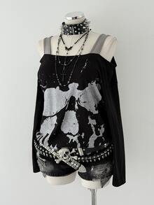 Sunspun Plus Size Women Skull Print Cold Shoulder Long Sleeve Casual Fashion T-Shirt - Black - View 4