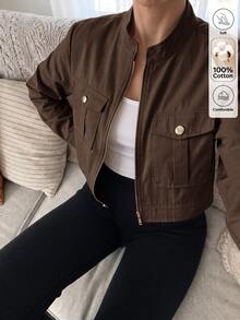 Louniche 女款秋冬休閒純色高級鬆身百搭極簡棉質舒適常規夾克，適合日常通勤與外出 - 棕色 - 查看 3