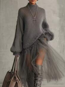 LUMIGAL Women's Grey Lace Design Elegant Casual Lazy Sweater For Winter - Grey - View 5