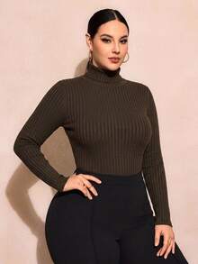 SHEIN SXY Plus Size Brown Ribbed Turtleneck T-Shirt Suitable For Autumn/Winter - Brown - View 7