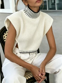 INAWLY Women's Elegant Fitted Knit Sweater With Split Hem, Pullover Top, Black And White Color Block - Apricot - View 3