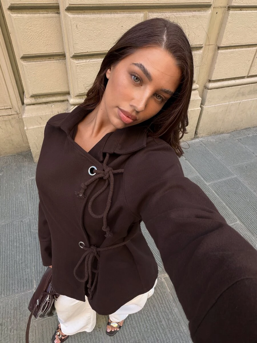 Siren Gaze Women's Grey Asymmetric Oversized Overcoat With Drawstring Detail - Brown - View 1