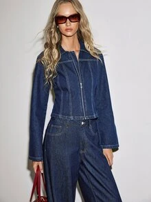 ATUI Studio Women's Long Sleeve Zipper Front Casual Denim Jacket - Blue - View 7