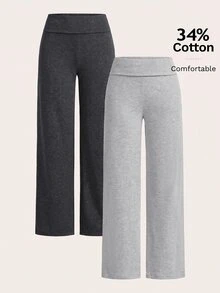 SHEIN EZwear 2件組女款休閒極簡高腰摺疊寬腿直筒長褲，適合春、夏、秋季 - 彩色 - 查看 10