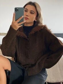 DAZY Women's Loose Casual Cardigan With Fur Collar Winter - Brown - View 5