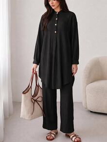 Solavon Solid Button Front Longline Blouse & Pants - Black - View 4