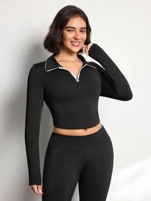 Easithlete Women's Half-Zip Long Sleeve Sports Polo Shirt - Black - View 4