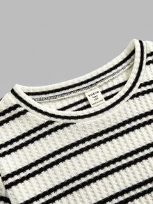 SHEIN Girlism 青少年女孩 T-Shirt 套裝 2 件組，條紋棕色時尚休閒圓領短袖與長袖 T-Shirt + 寬鬆寬腿長褲 - 杏色 - 查看 6
