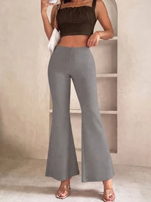 SHEIN PETITE Solid Flare Leg Spring Black Pants - Grey - View 5