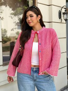 Easura Áo cardigan len dệt kim nữ size lớn, phong cách thường ngày, phối màu colorblock kẻ sọc, vai trễ - Đỏ - Xem 6