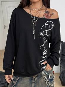 Coolane 女款秋冬街頭風休閒 Y2K 日常穿著復古閃亮圖案長袖黑色寬鬆露肩衛衣 - 黑色 - 查看 4