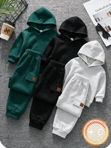 SHEIN 6件組兒童青少年男孩可愛秋冬休閒百搭純色黑色、灰色、聖誕綠長袖運動衫與長褲套裝，通勤、上學、日常穿著、度假、旅行、運動、開學季全方位搭配多件套裝 - 彩色 - 查看 5