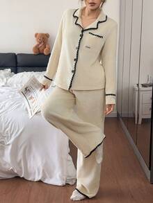 Lazeform Women's Casual Plush Trim Pajama Set - Apricot - View 7