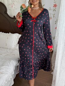 CottageSlumber Cherry Print Long Sleeve Plus Size Nightgown, V-Neck Chinese Style Frog Button Design Loungewear - Multicolor - View 5