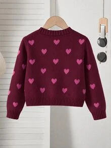 SHEIN Playful Pals Young Girl' Thick Knit Cardigan With Bow,Heart Pattern Button Sweater Jacket,Winter Fairy School Back-To-School,Long Sleeve Clothes For Autumn/Winter - Burgundy - View 2