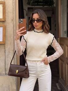 Serisse Women's French Style Elegant Lace Patchwork 2 In 1 Contrast-Color Piping Knit Sweater Autumn WinterLongSleeve Warm Pullover Layering Topbusinessbrunch - Apricot - View 3