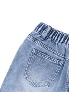 SHEIN Girls Y2K Sweet & Cool Style Washed Light Blue High Waist Elastic Straight Leg Wide Leg Jeans With Large Distressed Ripped Design, Pink Bow Decor, Versatile Streetwear Fashion Denim Pants - Medium Wash - View 5