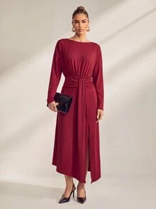 Uhlyne Uhlyne Elegant Asymmetric Hem Slit Party Midi Dress For Women, Autumn/Winter - Burgundy - View 5