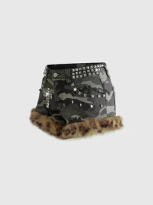 ROMWE Grunge Punk Vintage Hot Girl Rhinestone Camo Washed Y2K Cross Studs Decor Women's Ultra Low Waist Mini Denim Shorts - Multicolor - View 3