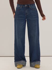 MUSEYN Blue Wash Denim Wide Leg Turn Up Hem Jeans Versatile Everyday Casual New Season Fall - Blue - View 2
