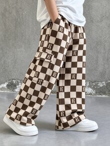 Quần túi hộp cạp chun họa tiết chữ và bàn cờ cho bé trai, đa năng và thoải mái - Màu Khaki - Xem 1