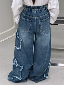 Dazy Kids Tween Girl) Casual Straight Leg Elastic Waist Star Decor Denim Jeans - Dark Wash - View 7