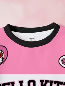 HELLO KITTY AND FRIENDS | SHEIN بلوزة رياضية كاجوال بطبعة كرتونية وحروف بياقة دائرية وأكمام طويلة للفتيات المراهقات - أبيض - مشاهدة 3