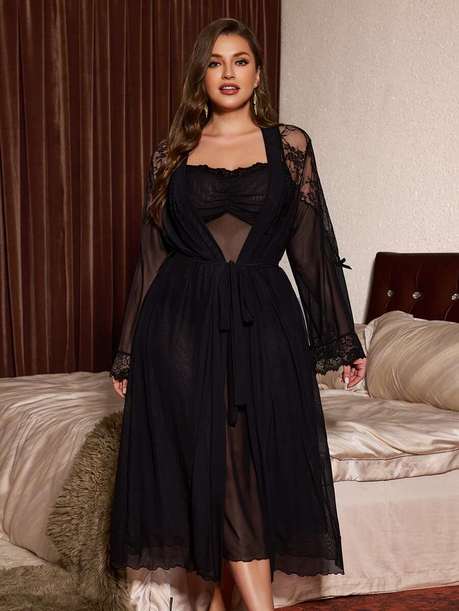 Slumberist Plus Size Mesh Lace Sheer Lace-Up Robe & Cami Sexy Nightgown 2 Pieces Pajama Set For Women - Black - View 1