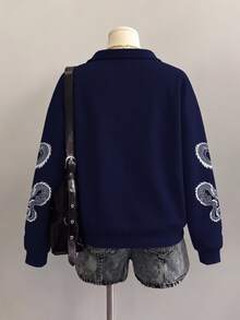 Attitoon 女款海軍藍中式龍圖案半拉鍊簡約酷感機車風機能時尚Y2K學院風運動衫 - 彩色 - 查看 2