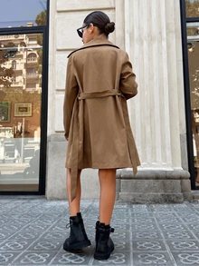 SHEIN Tween Girl Lapel Double-Breasted Kids Tie-Waist Pocket Casual Trench Coat,Khaki ,Shades Of Brown,Autumn,Casual Collegiate Style For Fall Winter - Brown - View 2