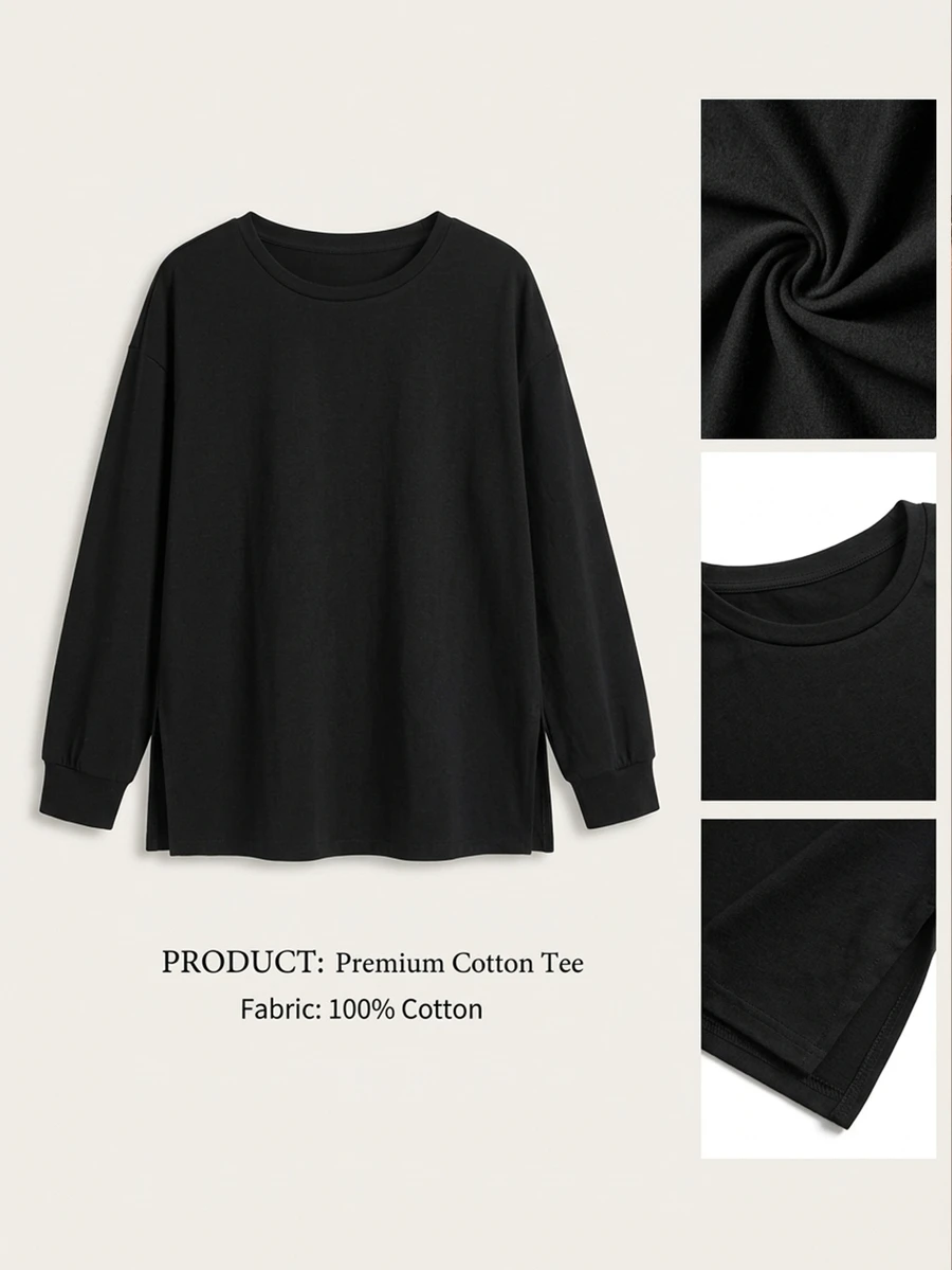 Freevana 100% Cotton Plus Size Long Sleeve Tee With Crew Neck And Side Slits, Relaxed Casual Essential - Black - View 1